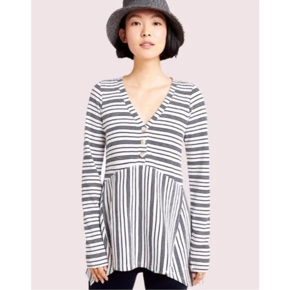 Maeve by Anthropologie White Eliza Striped Thermal Henley Boho Shirt